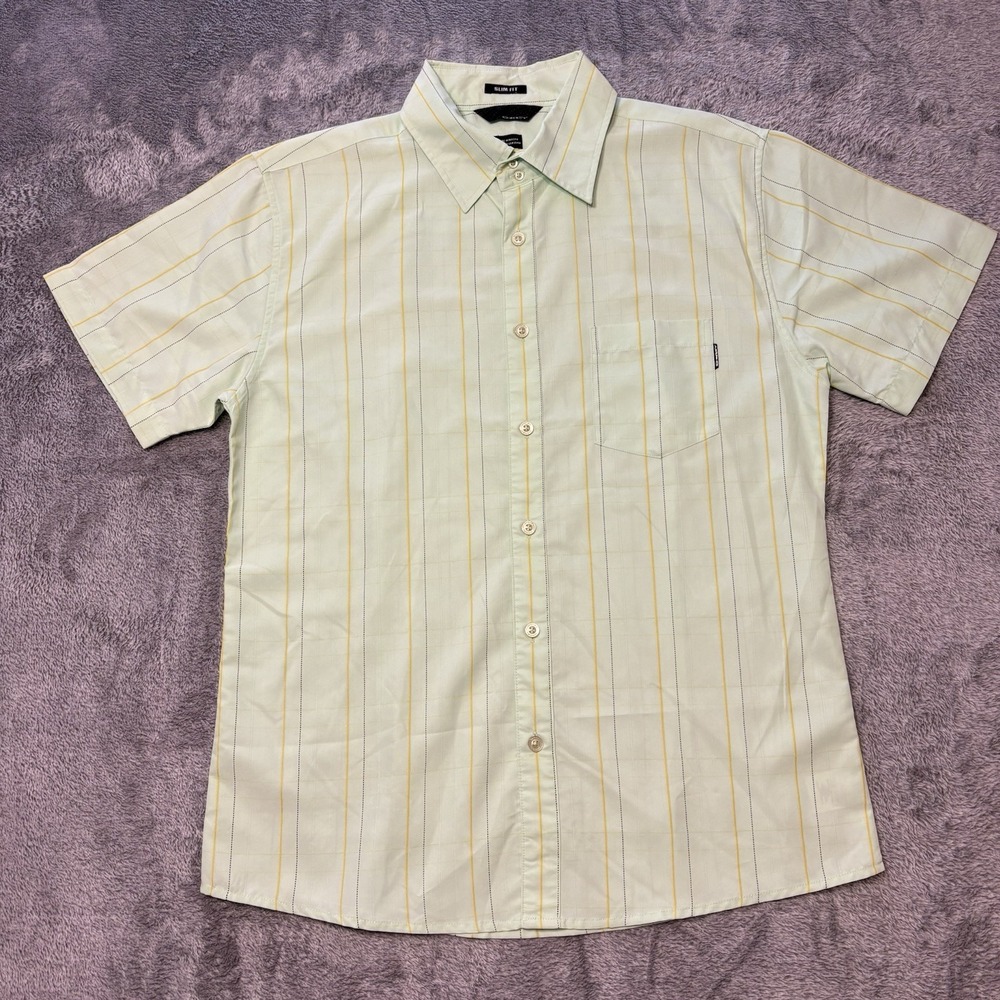 Oakley Slim Fit Button Up Shirt Mens L Green Striped Short‎ Sleeve Casual